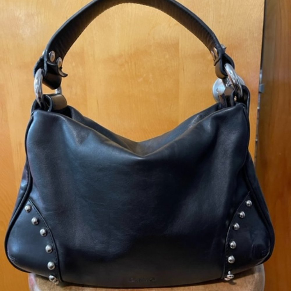 Desmo Genuine Black Leather Shoulder Bag with Studded Detail
